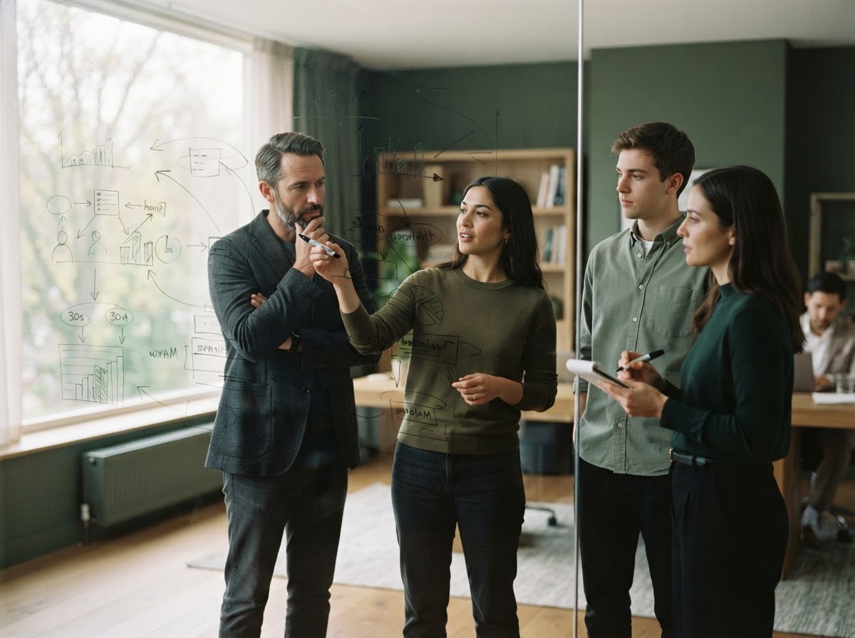 Small team discussing notes and diagrams around a glass board