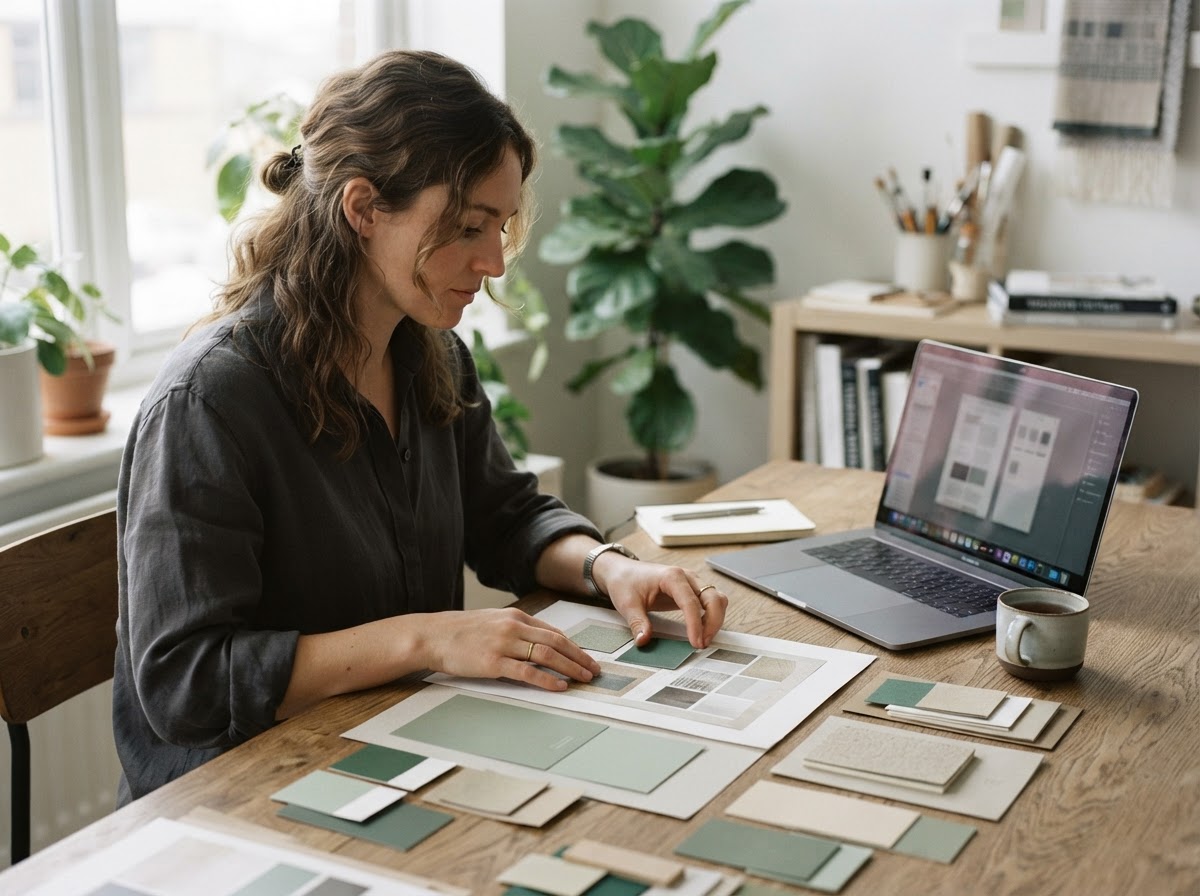 Designer arranging brand color swatches and layout samples