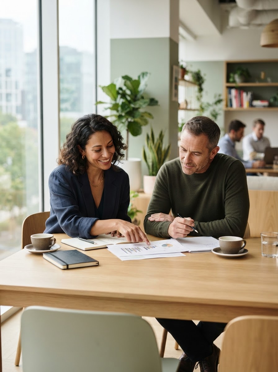 Business professionals reviewing documents together in a bright office