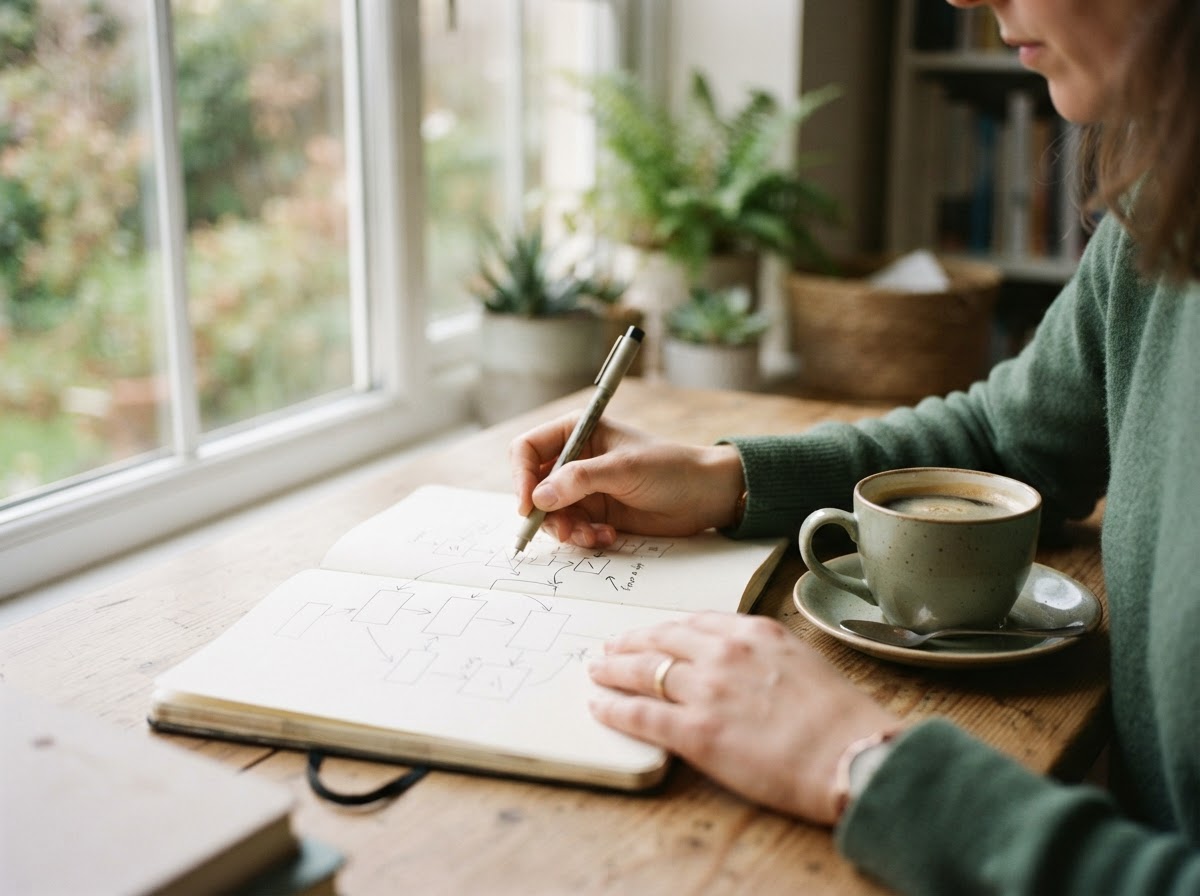 Person sketching a flowchart diagram in a notebook