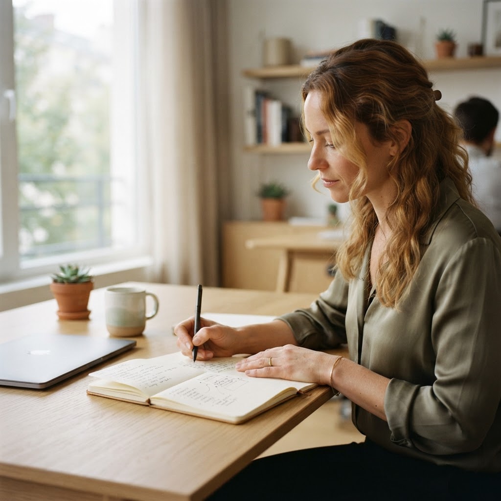 Business consultant writing notes at a minimalist desk