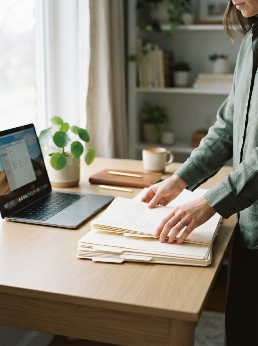 Hands organizing paperwork and a laptop on a clean desk