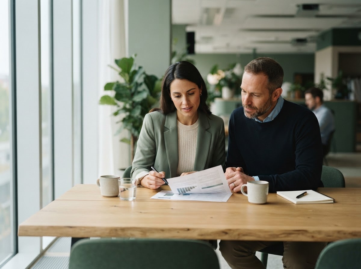 Two professionals reviewing a document together at a conference table