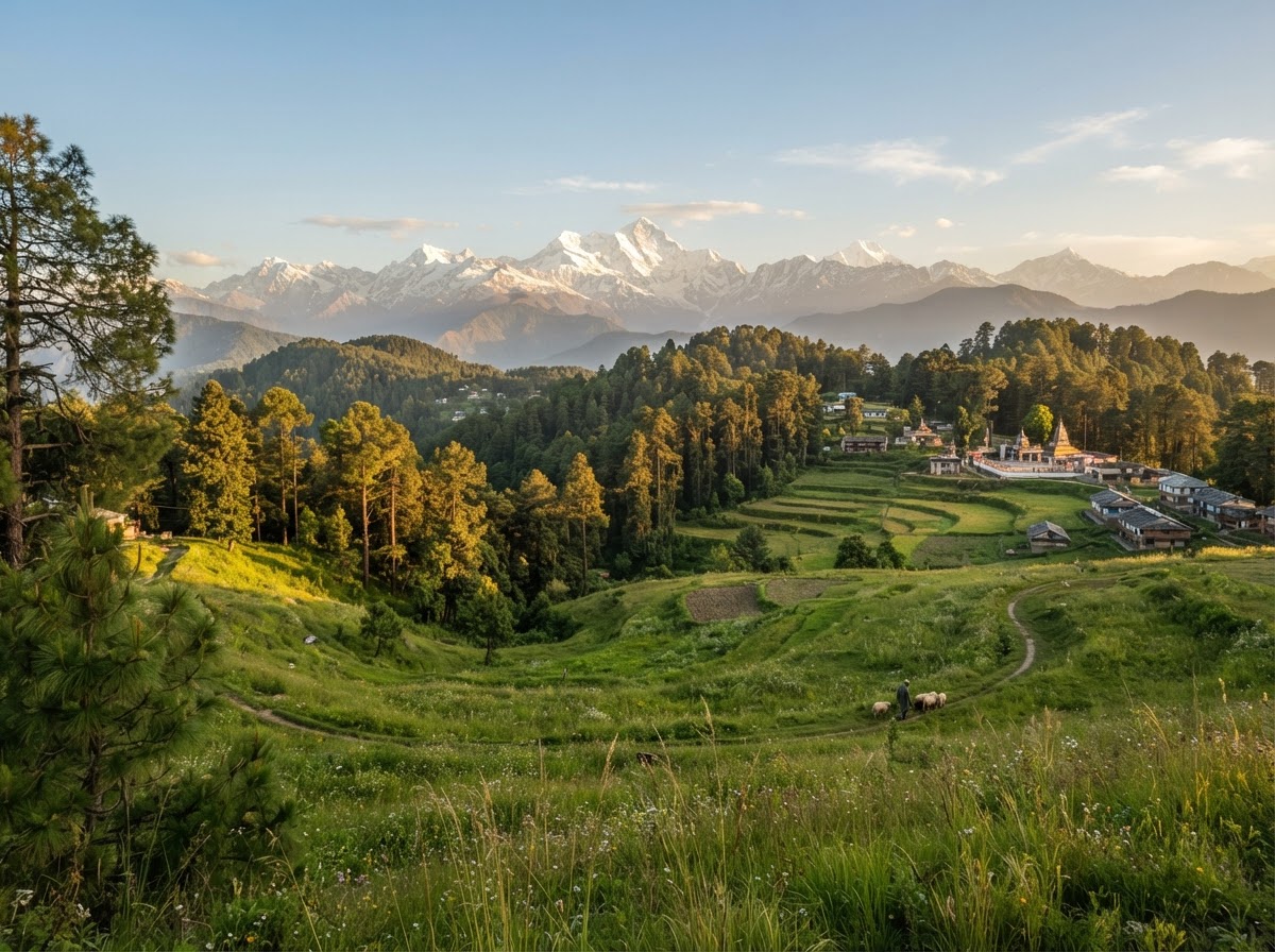 Scenic Ranikhet hill station with pine forests
