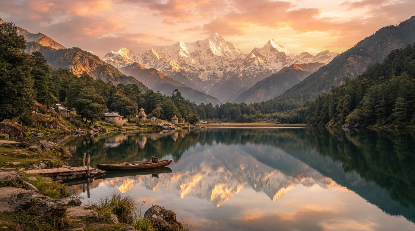 Mountain lakeside at golden sunset