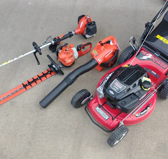 Morrison lawnmower, Echo leaf blower, strimmer and hedge trimmer display at RM Lawnmowers