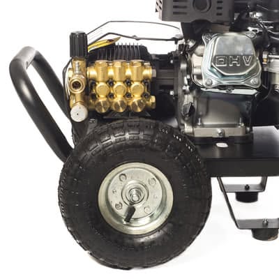 Commercial heavy-duty brass pump head and OHV engine detail