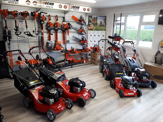 RM Lawnmowers showroom floor display of lawnmowers and Echo equipment