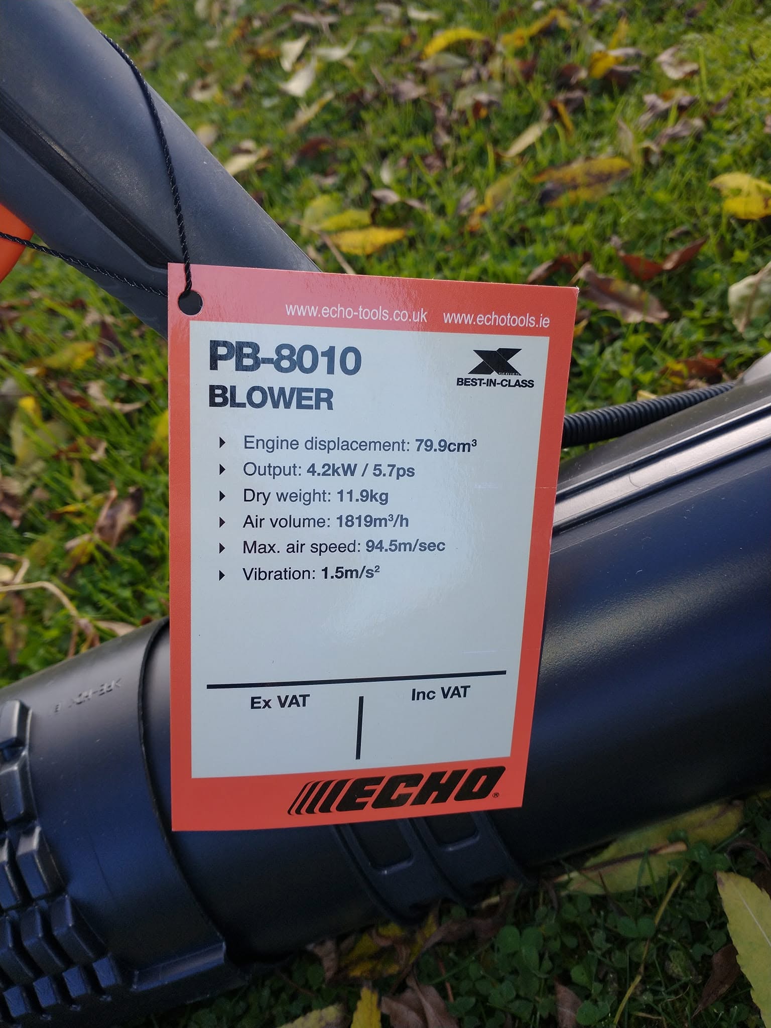 Echo PB-8010 heavy-duty backpack blower specifications tag