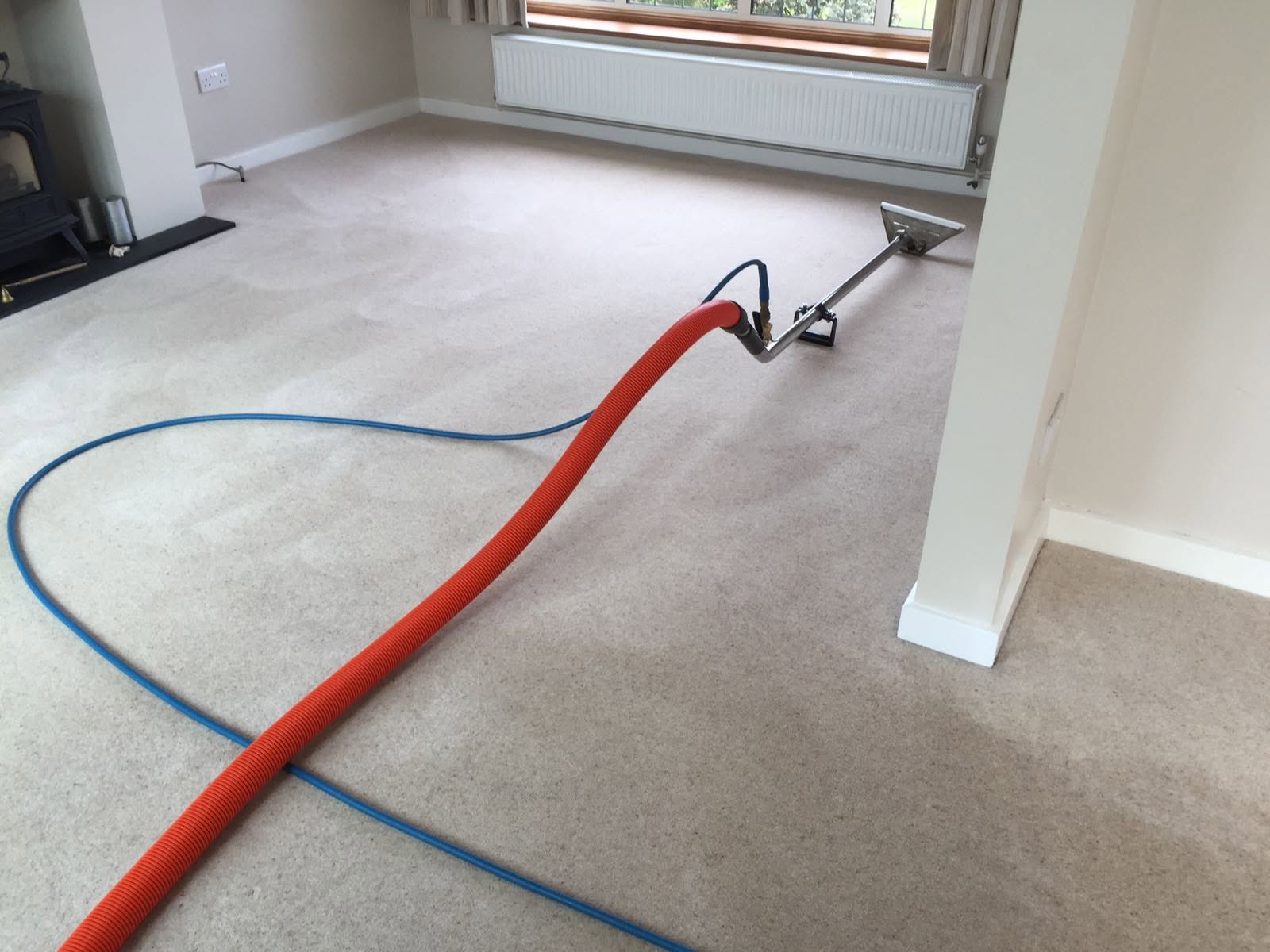 Professional carpet cleaning wand in action on fresh carpet