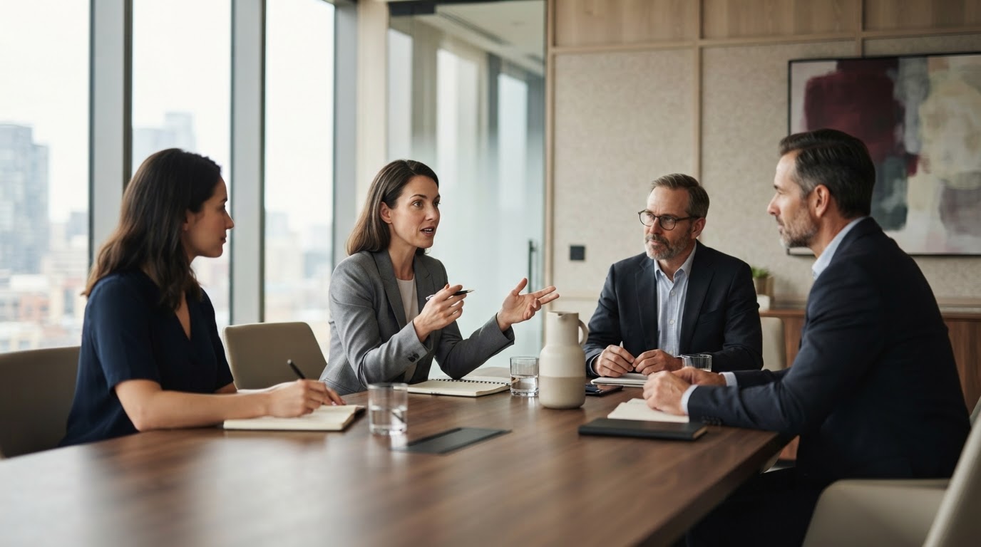 Board of directors reviewing governance frameworks around a conference table