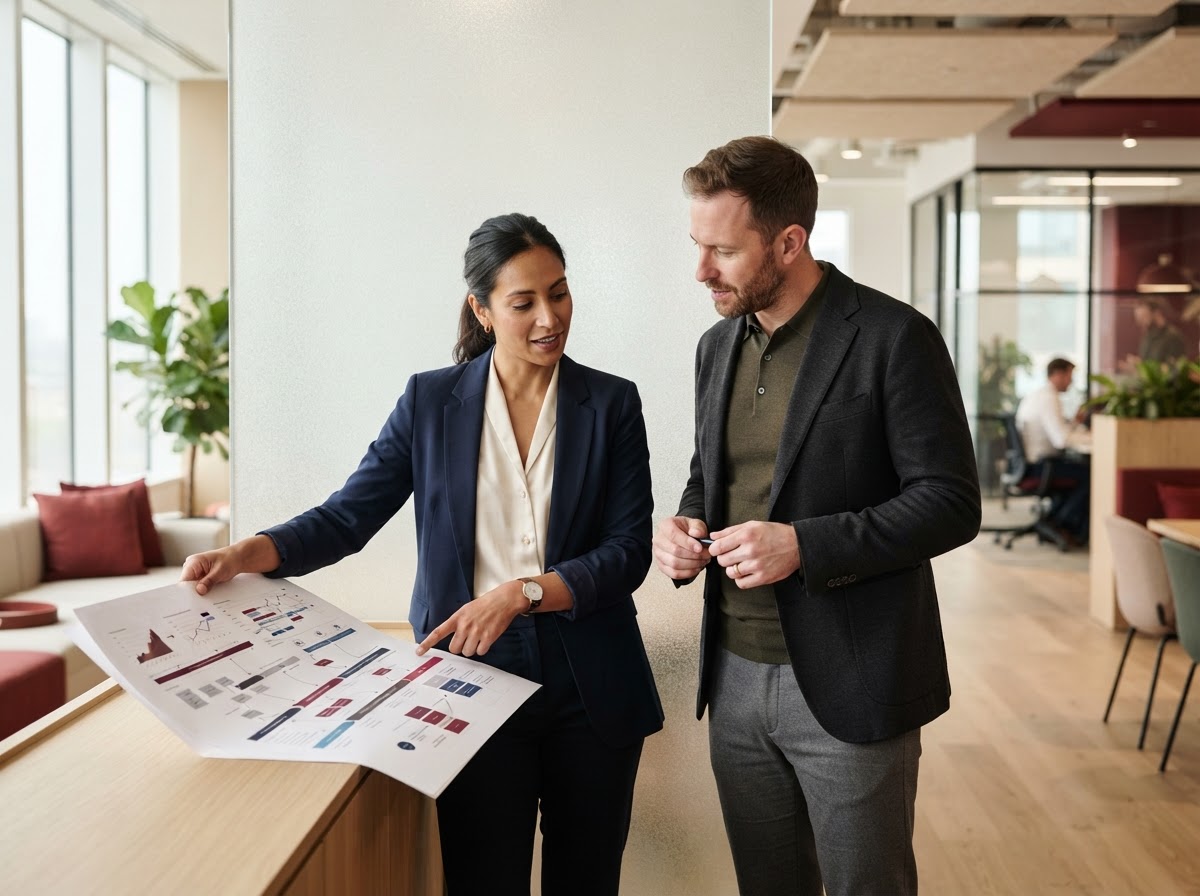 Two professionals reviewing a strategic roadmap on a glass board