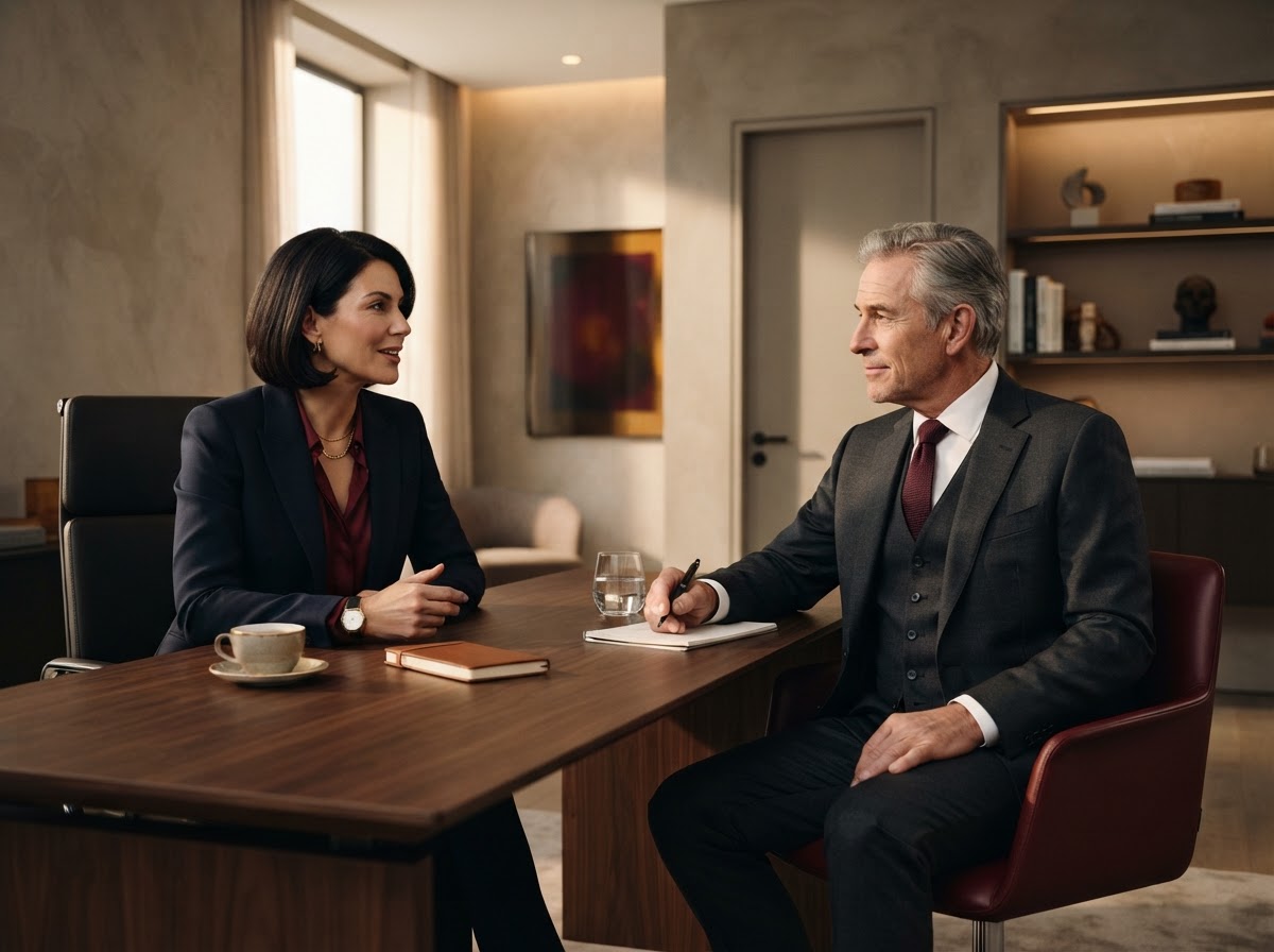 Executive leader in conversation with an advisor in a modern office