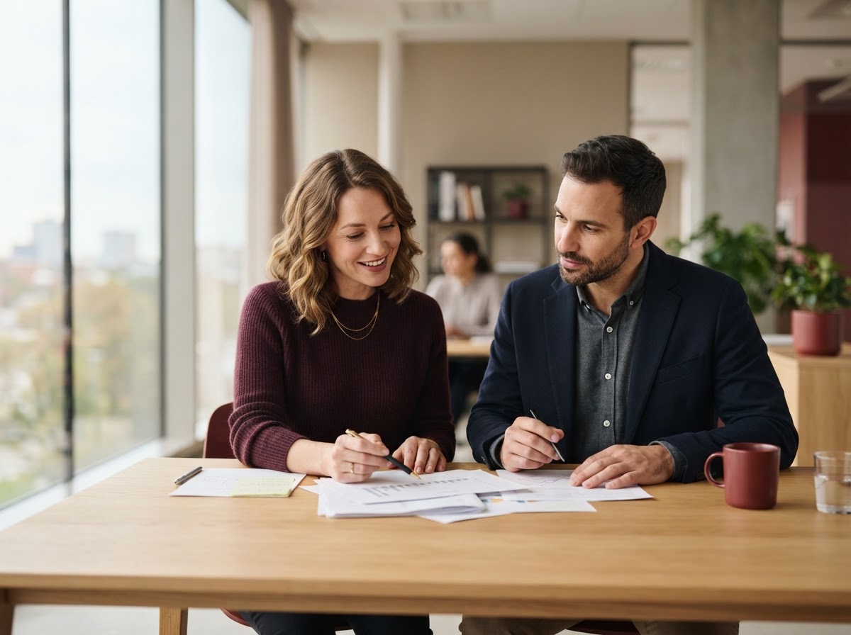 Business professionals reviewing strategy in a modern office