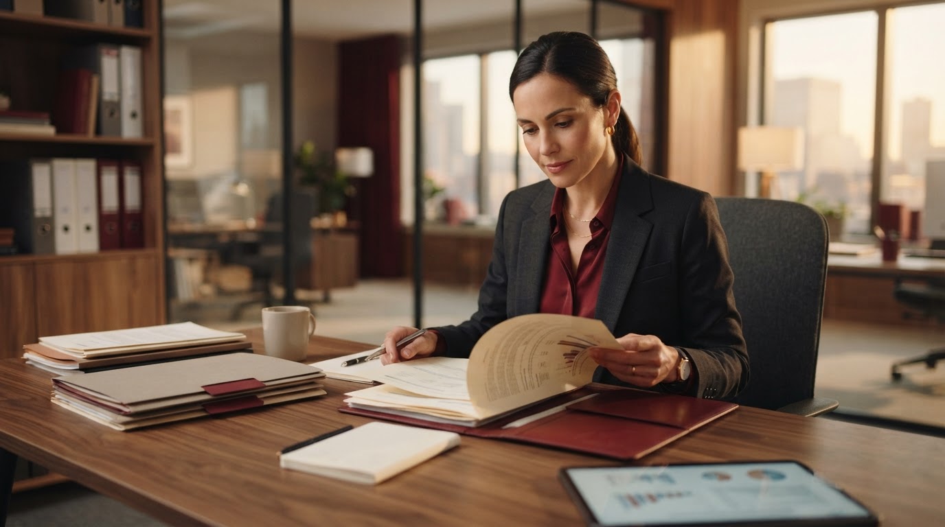Compliance officer reviewing formal documents and filings at a desk