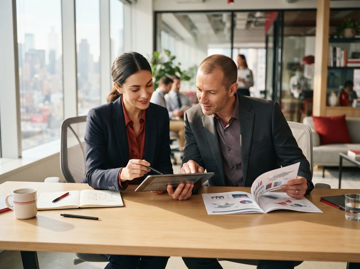 Two professionals analyzing market expansion maps and growth charts