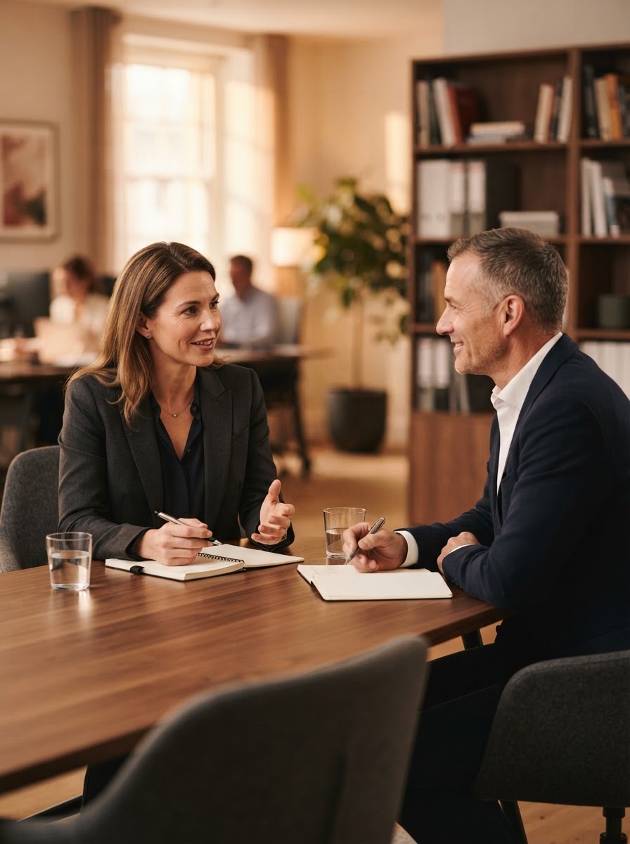 Business consultant and client in discussion across a desk