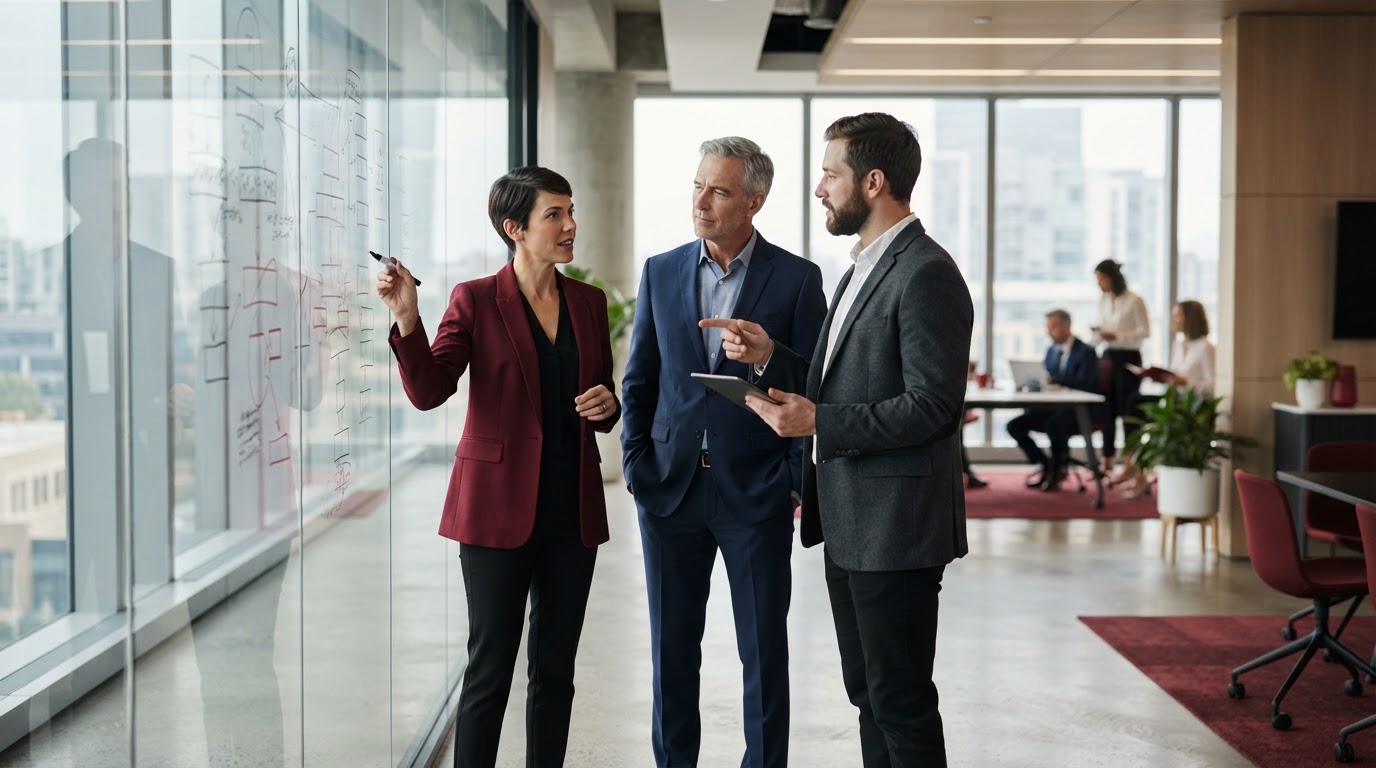Executive team reviewing organizational structure diagrams