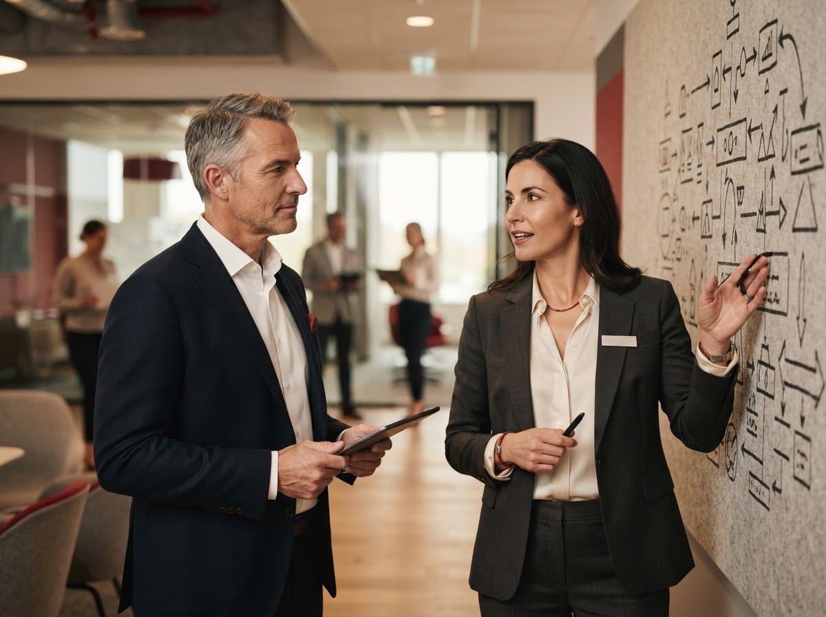 Consultant pointing at an organizational structure diagram on a wall
