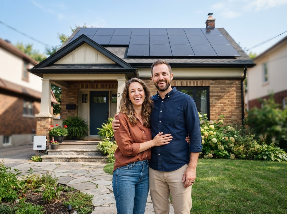 Happy homeowner with new all-black solar panels installed