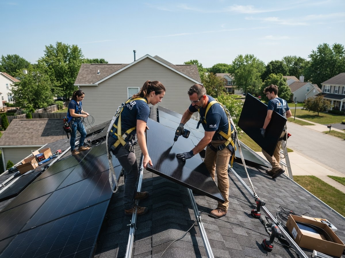 Solar installation crew installing sleek all-black panels on a home