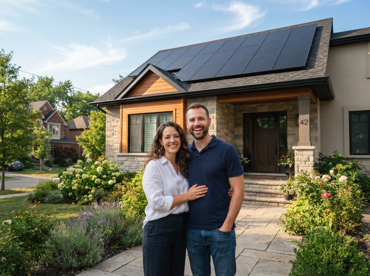 Happy homeowner with sleek black solar panels