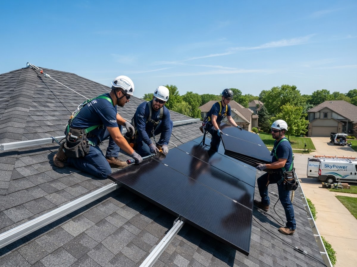 Solar installation crew installing all-black panels
