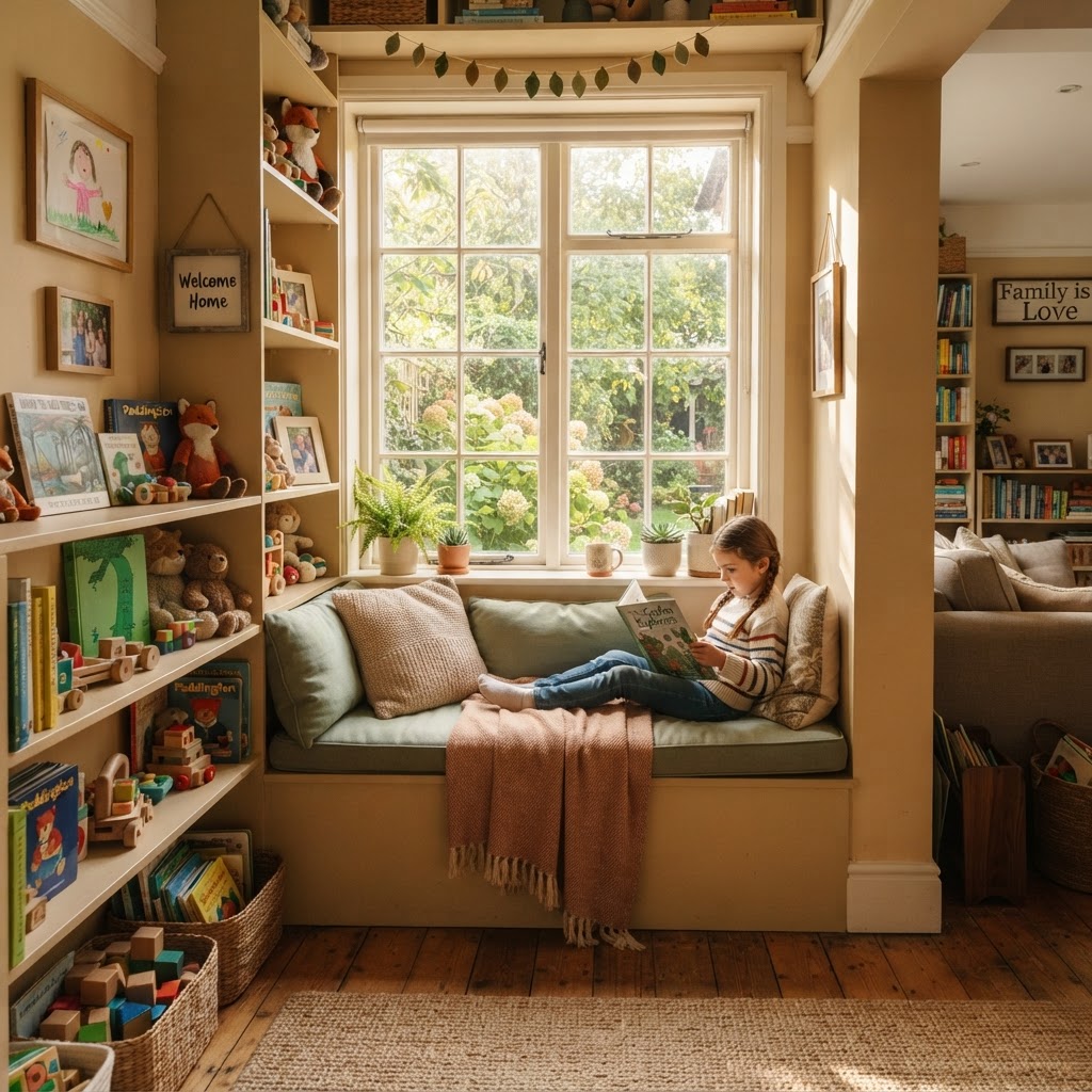 A cozy foster family home with warm sunlight