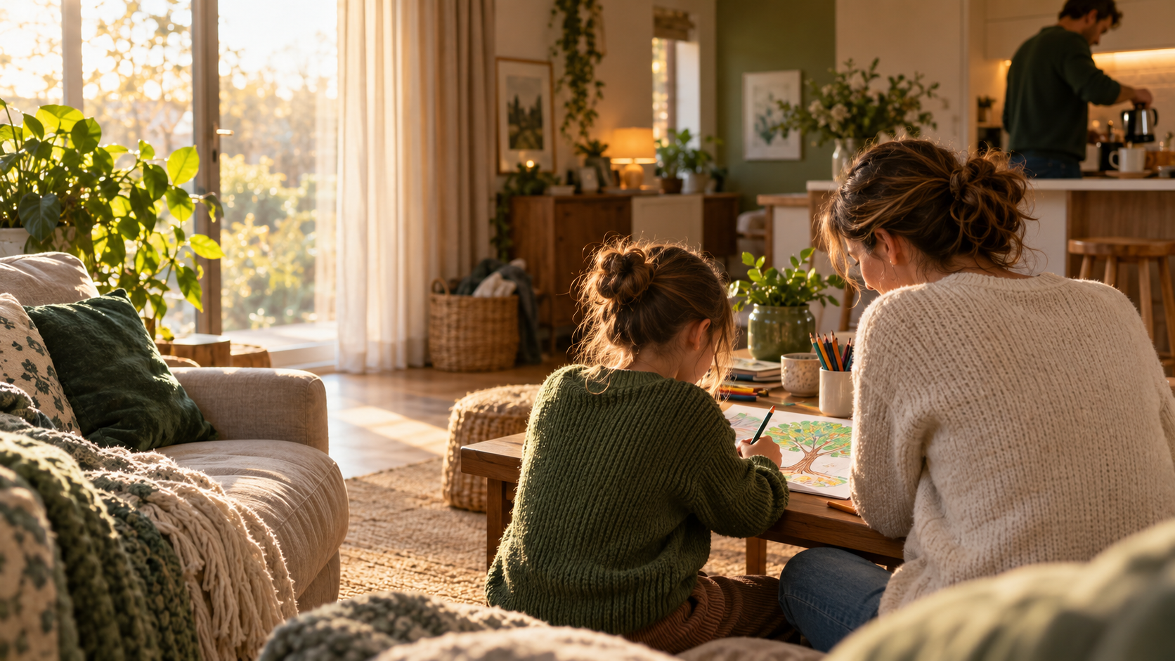 Foster family sitting together at home drawing and relaxing in warm sunlight
