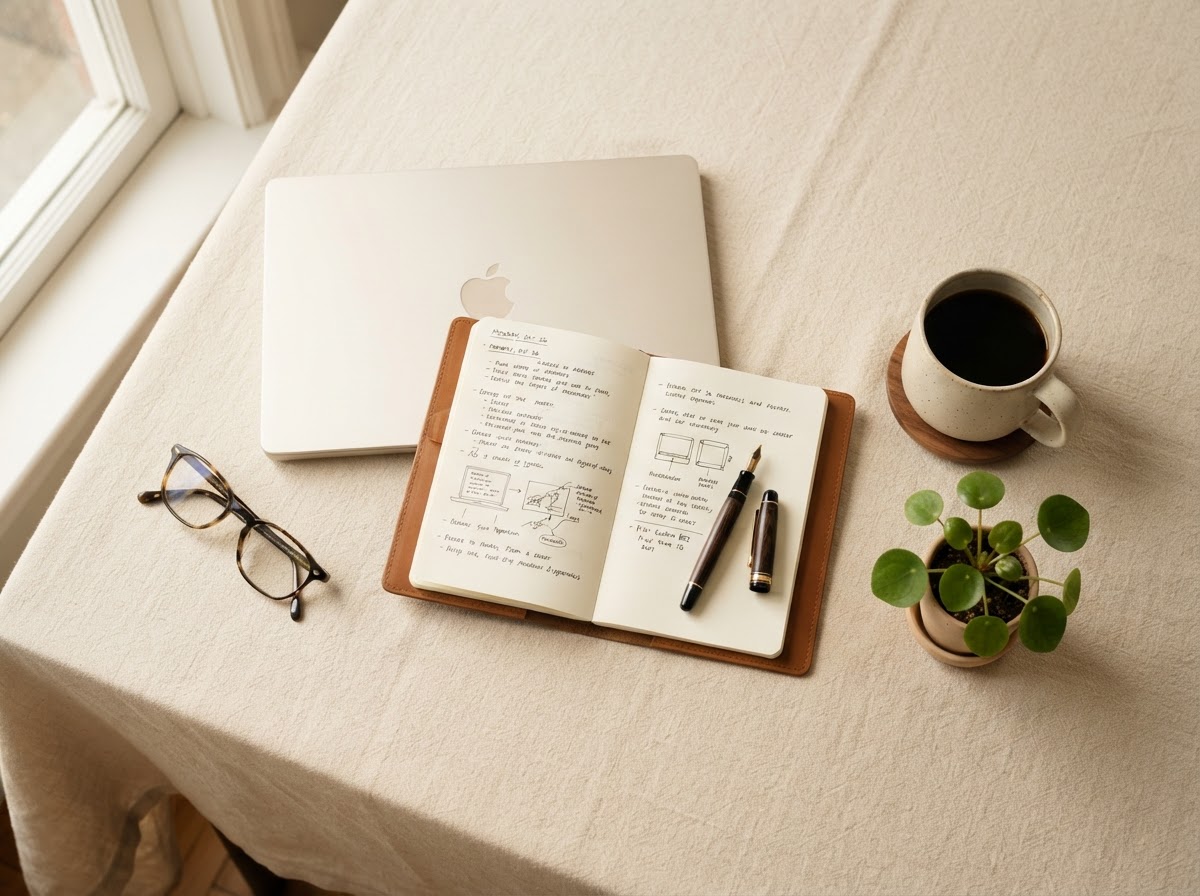 A calm modern founder's desk with laptop, notebook, ceramic mug and plant — representing a business that works without you in it.