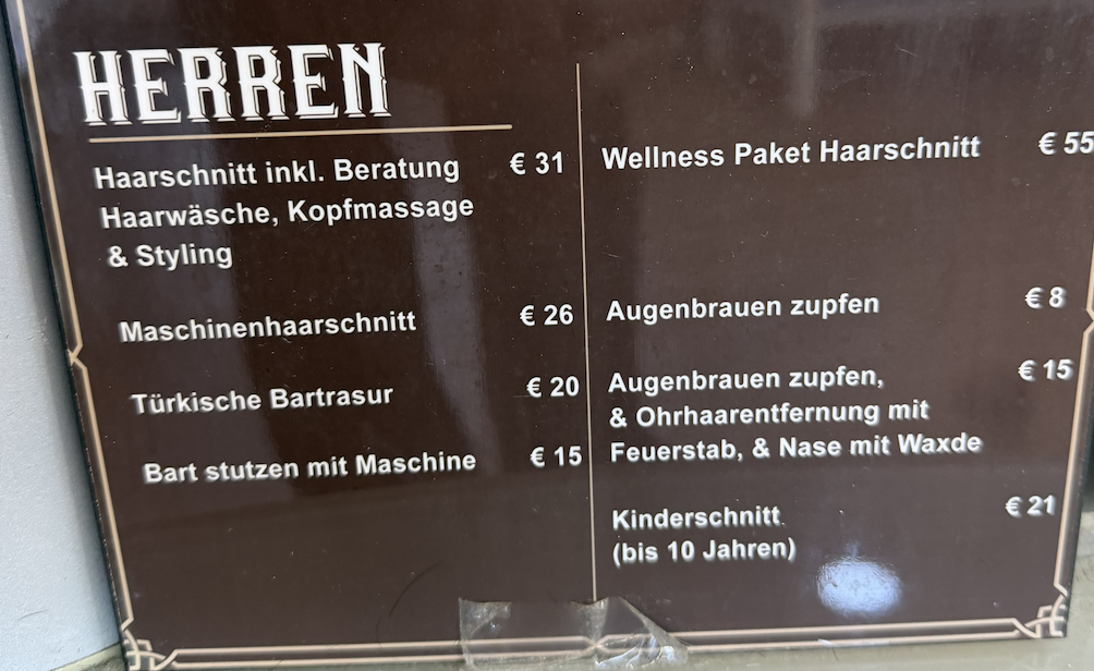 Offizielle Preistafel Herren im BarberHaus Oberland