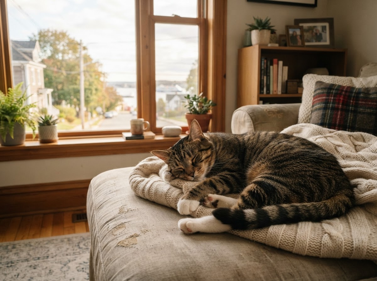A relaxed cat resting at home near a window