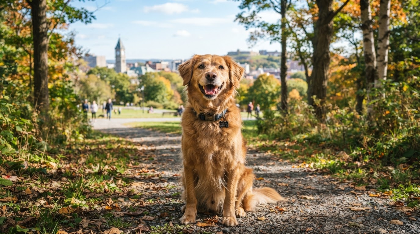 A happy single dog looking toward the camera outdoors