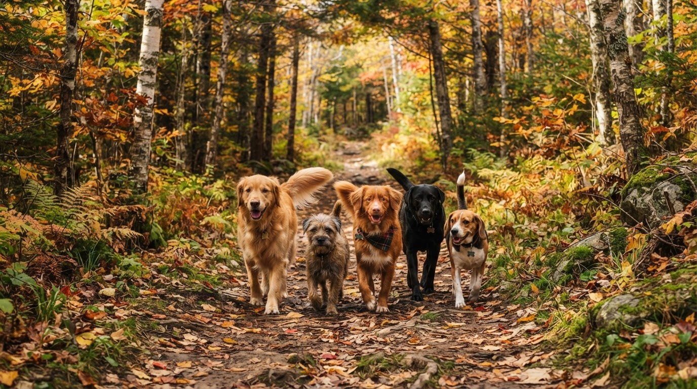 A small group of dogs moving naturally together on a wooded trail