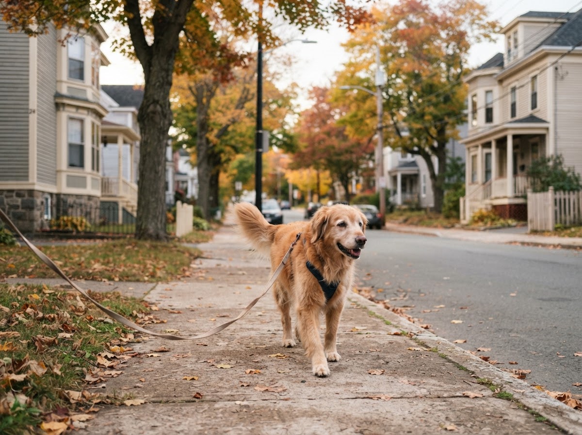 A single dog walking on a Halifax residential street