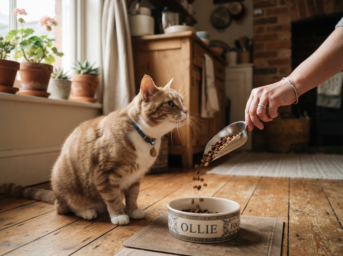 A cat near its food bowl at home