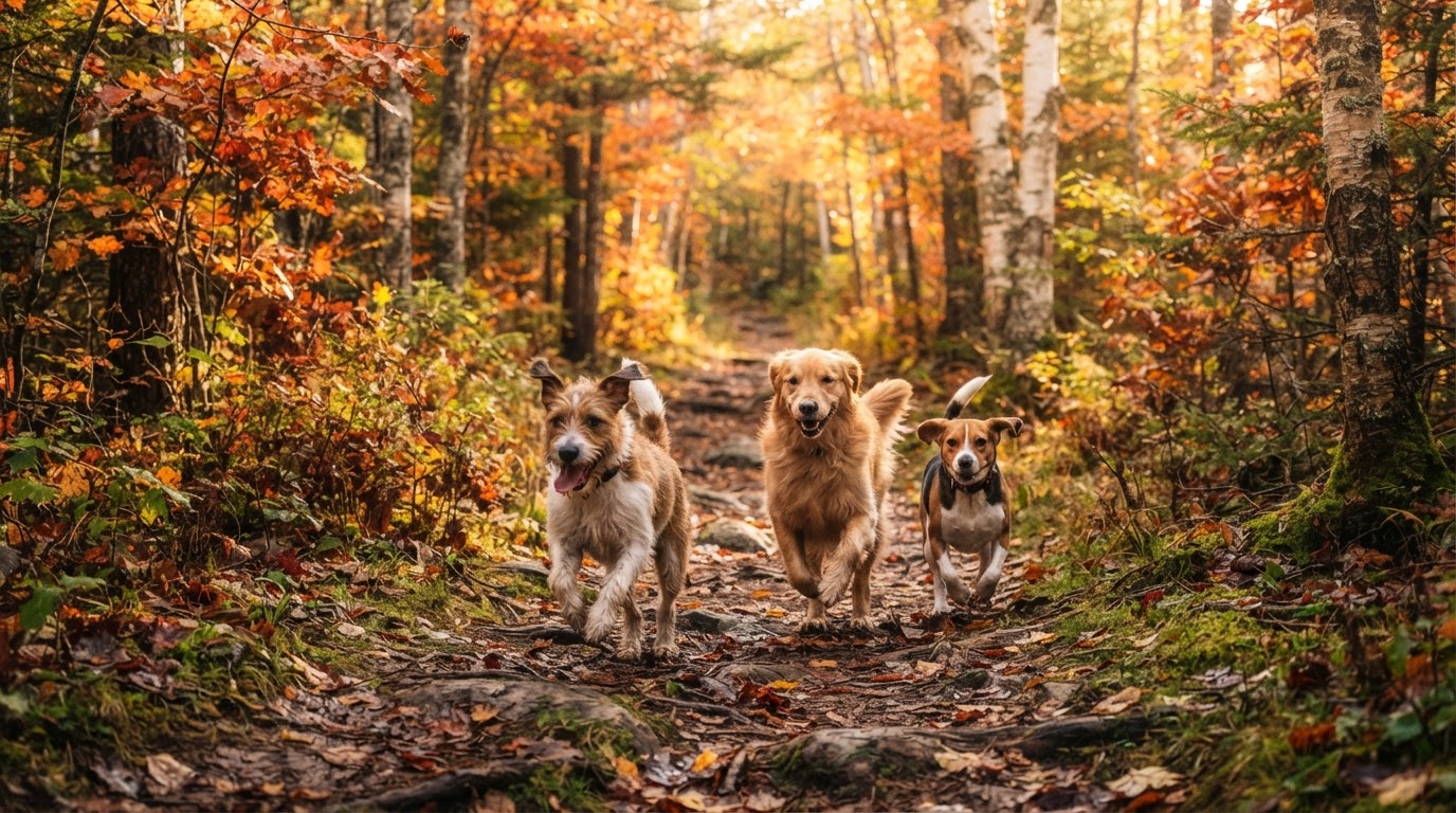 A small group of happy dogs running together on a wooded Nova Scotia trail