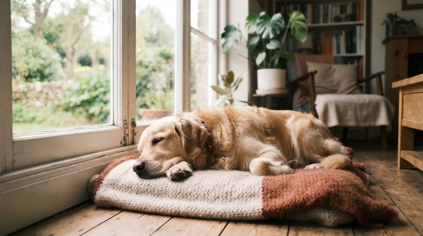 A relaxed dog resting comfortably at home
