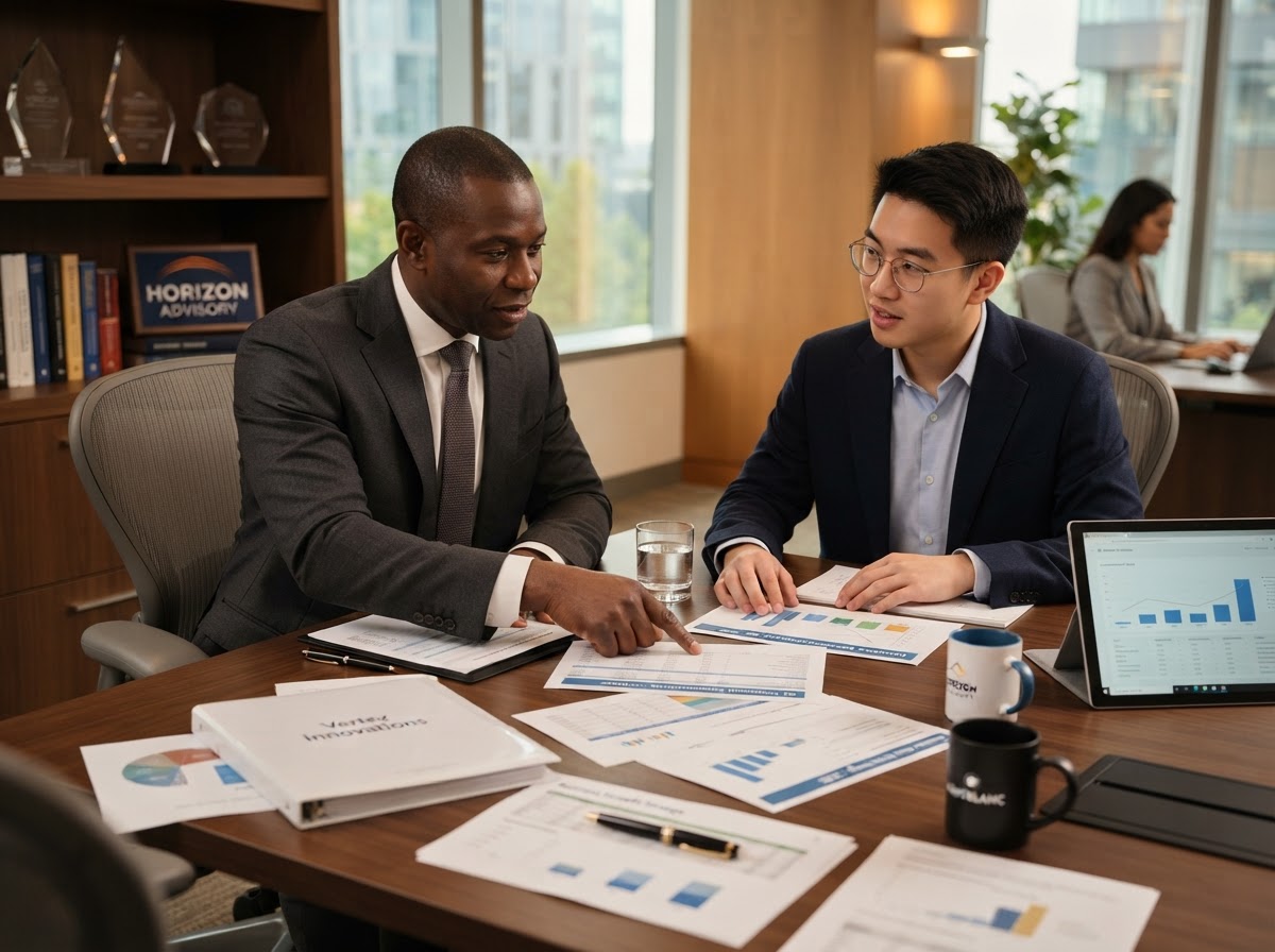 Business advisor reviewing financial statements with entrepreneur