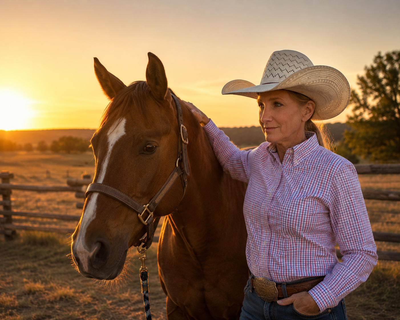 Mary Jane Bone with her horse at the ranch during golden hour