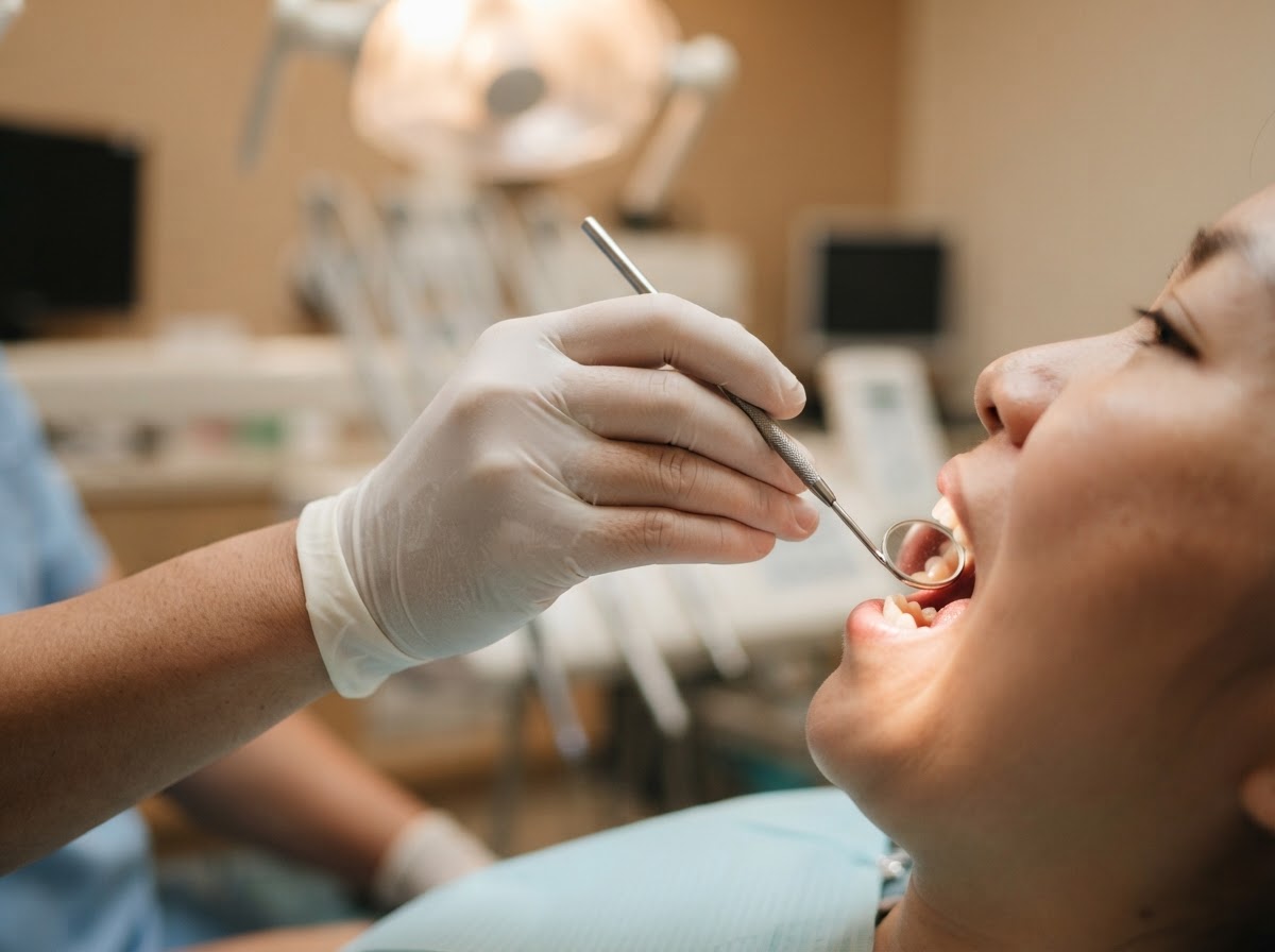 Filipino female dentist's bare hand without rings performing gentle general dentistry care