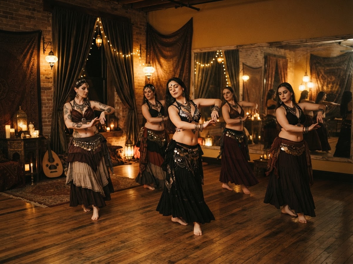 Tribal fusion bellydance class in session