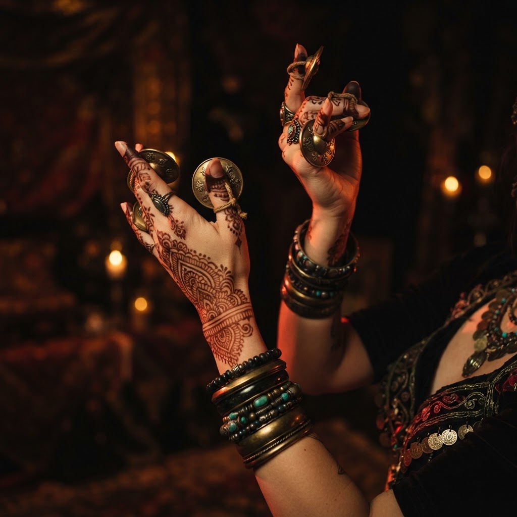 Bellydancer's hands with zills, finger cymbals