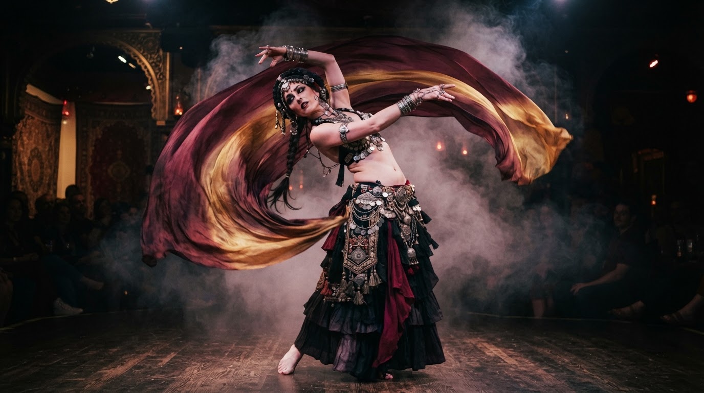 Tribal fusion bellydancer in dramatic serpentine pose