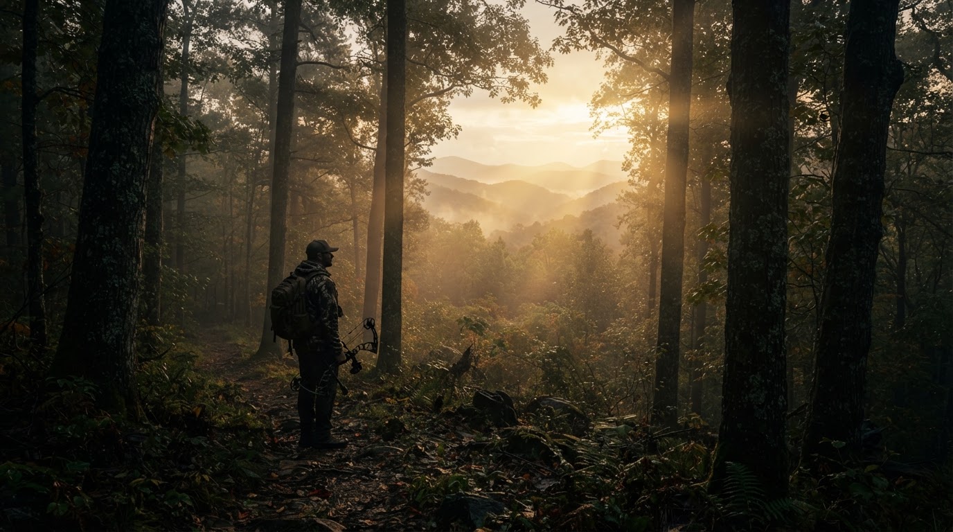 Misty Appalachian mountain forest at dawn — North Carolina hunting outfitter
