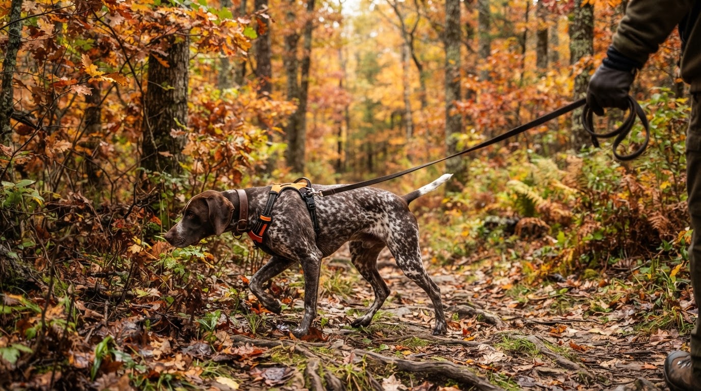 Trained tracking dog in the Appalachian forest