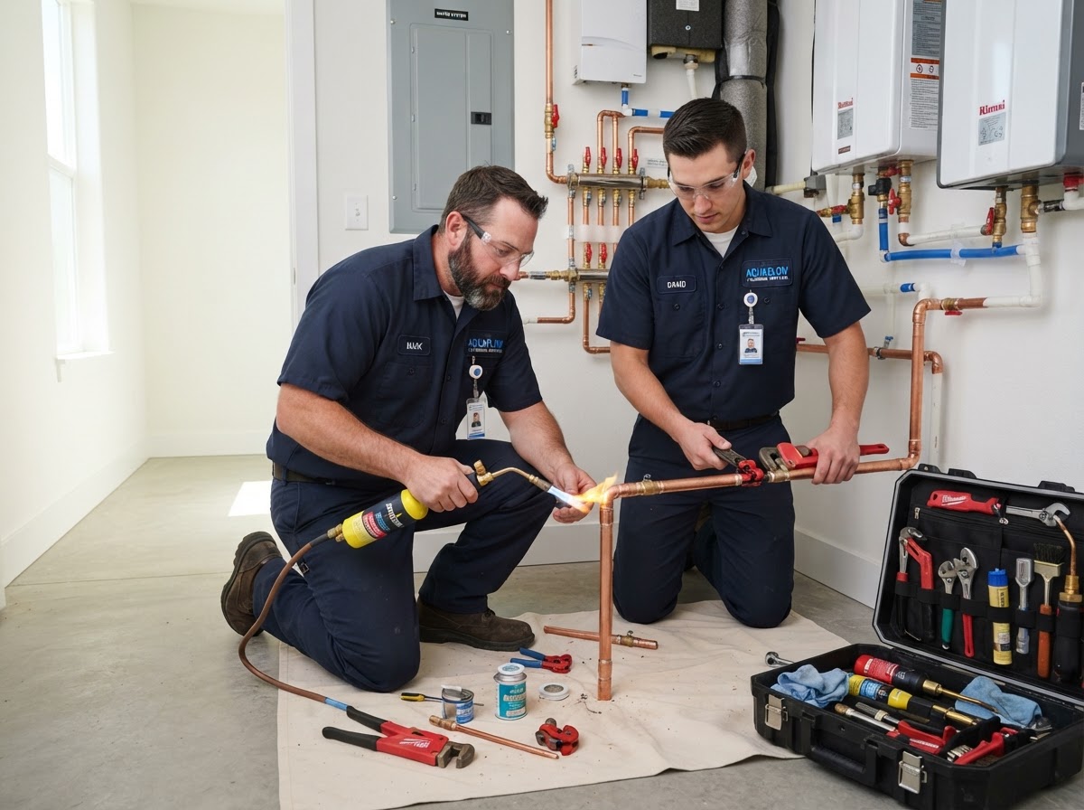 Aquonyx plumbers installing and repairing pipes in a residential home