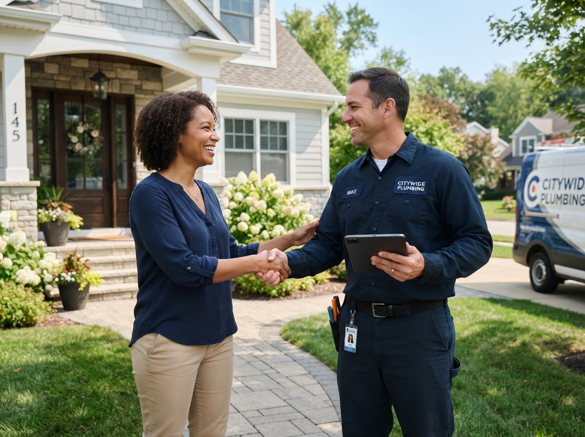 Happy homeowner with an Aquonyx plumber after a completed job
