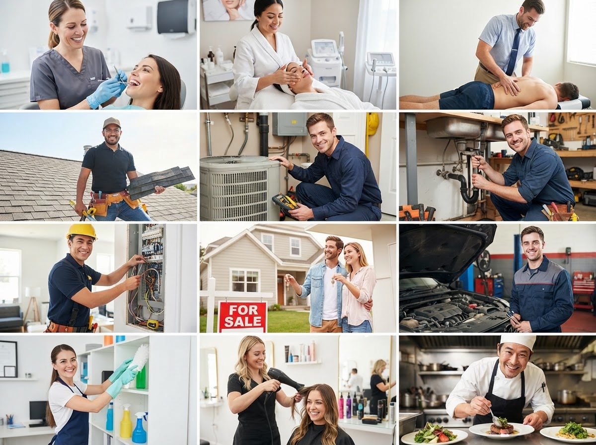 Local business professionals we work with โ dentists, med spas, chiropractors, roofers, HVAC, plumbers, electricians, real estate, auto services, cleaning, salons, restaurants