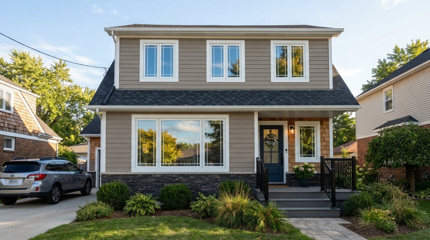 Newly installed white replacement windows on a home exterior